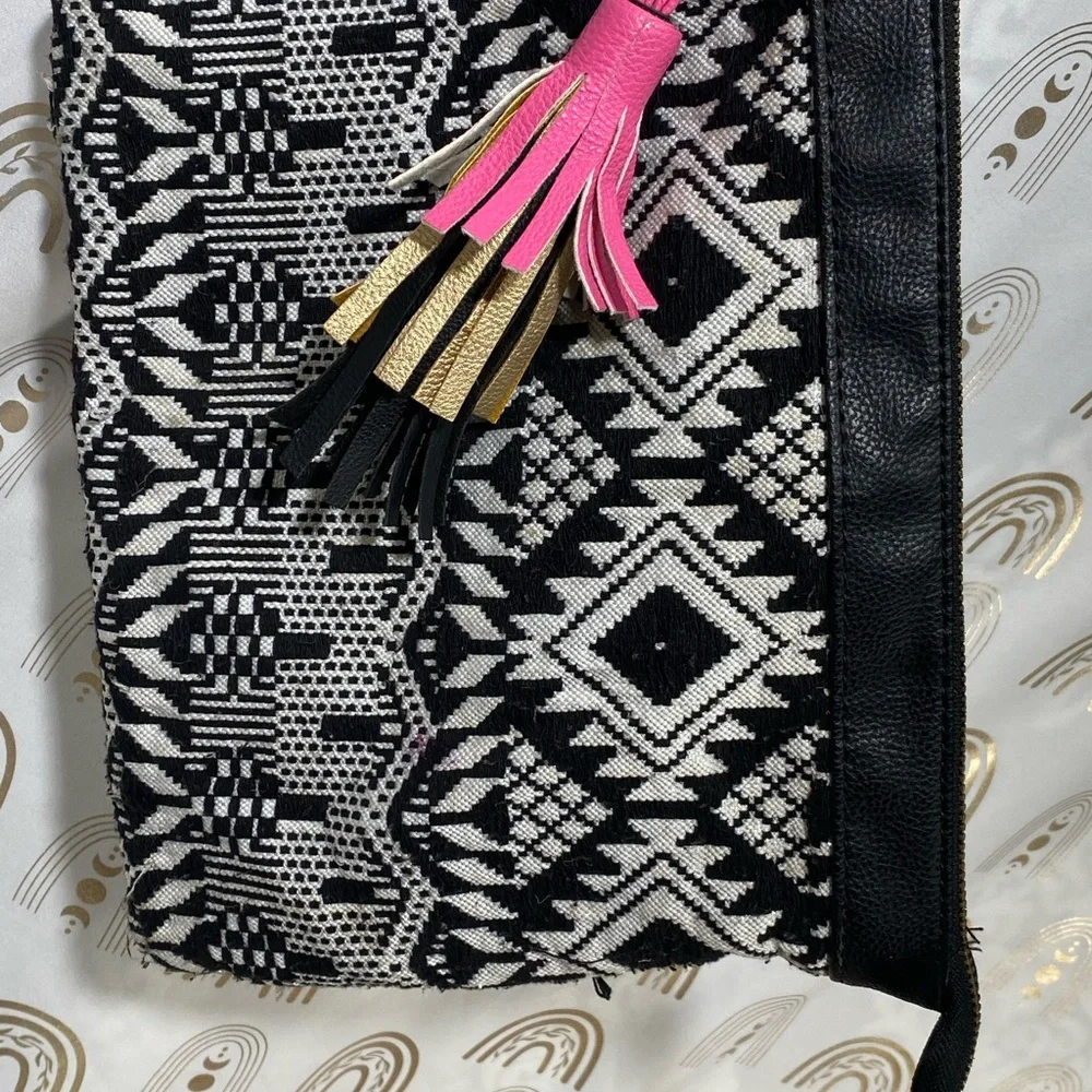 Geometric Black and White Clutch with Pink Tassel